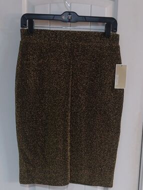 NWT MICHAEL Michael Kors Black Gold Metallic Shimmer Ponte Pencil Skirt Size S